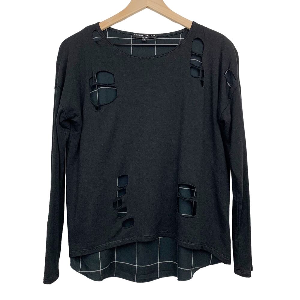 Generation Love Top Small Black Distressed Layered Check Pattern Long Sleeve